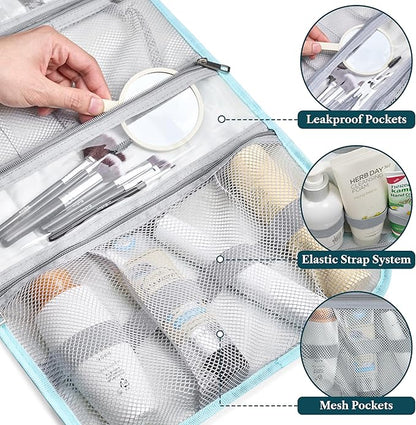 PAVILIA Hanging Toiletry Bag Women Men, Travel Kit Foldable Large Toiletries Organizer, Roll up Cosmetics Makeup Bag Accessories, Waterproof Essentials Jewelry Case (Teal Chevron)