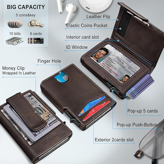 Men Wallet,with Money Clip Coins Pocket ID Window,Slim Front Pocket RFID Blocking Pop-up Card Holder 3.9"x 2.7", Gift Boxed