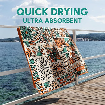 SUN'Y Waffle Microfiber Beach Towel – Sand Free, Quick Dry, Ultra Absorbent, Lightweight & Compact Travel Towel with Carry Bag - Large (63” x 31.5”), Groovy