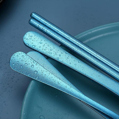 Portable Stainless Steel Flatware Set, Travel Camping Cutlery Set, Portable Utensil Travel Silverware Dinnerware Set with a Waterproof Case (Light Blue)