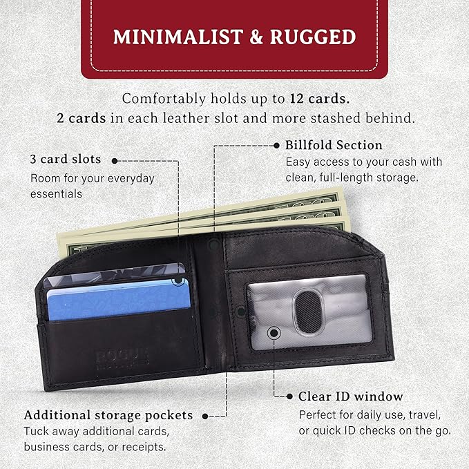 ROGUE WALLET Tailored Genuine Leather Wallets – RFID Blocking, Durable & Stylish Front-Pocket Comfort - Holds 6–8 Credit Cards, ID Window, Extra Storage Pockets & More (Redline)