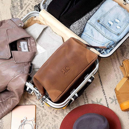 HLC Leather Toiletry Bag for Men Best Gift Premium Genuine Leather Dopp Kit Shaving Kit Organizer Travel Kit Pouch Bag for Men Large Size (TAN)