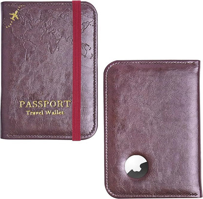 QIELIZI Passport Holder with Airtag Slot, Airtag Passport Wallet for Men Women, Slim Leather Passport Holder Case Family for Travel Anti-Lost(1-Dark Red)