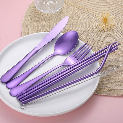 Portable Stainless Steel Flatware Set, Travel Camping Cutlery Set, Portable Utensil Travel Silverware Dinnerware Set with a Waterproof Case (Light Purple)