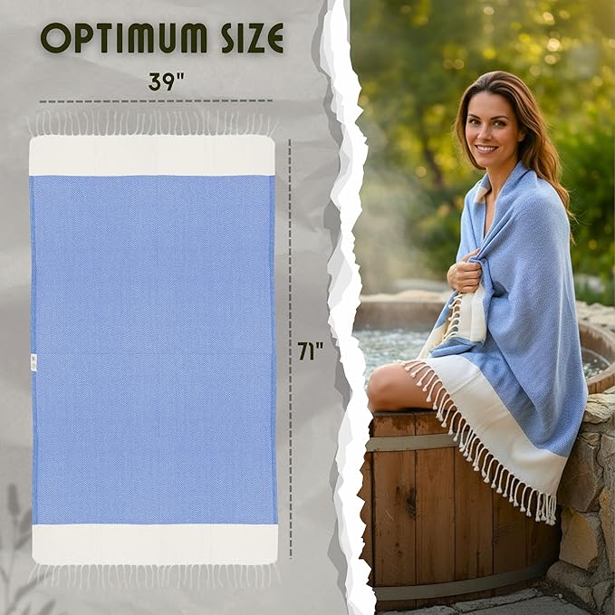 Bazaar Anatolia Turkish Beach Towel 100% Cotton Bath Towels 71x39 Quick Dry Sand Free Lightweight Large Oversized Herringbone Dark Blue