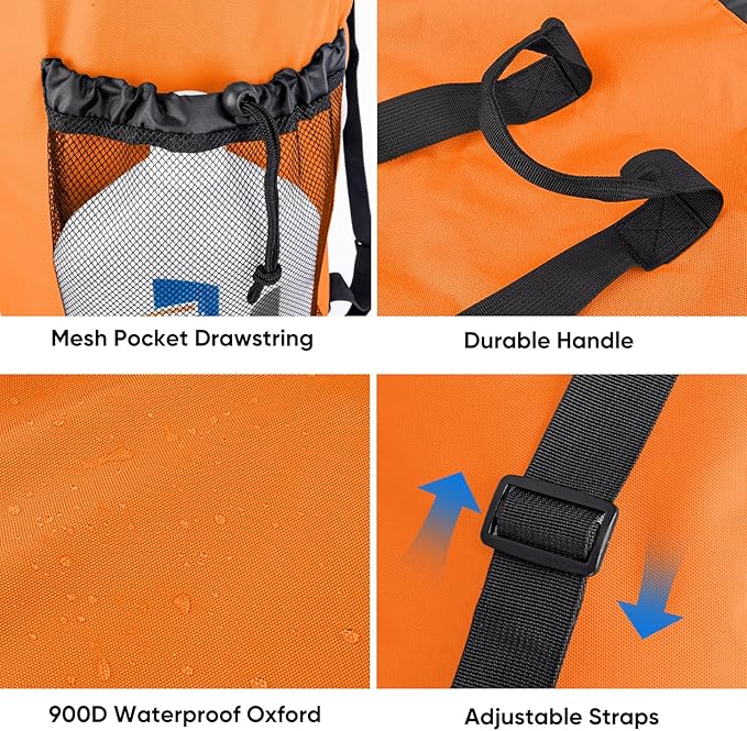 BALEINE 120L Laundry Bag Backpack, 900D Oxford Fabric Large Travel Laundry Bags with Shoulder Straps and 2 Mesh Pockets for College Dorm, Apartment, Laundromat (Orange, 120L)