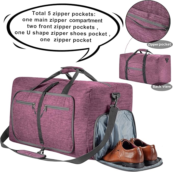 Vomgomfom 65L/85L/115L Foldable Travel Duffle Bag, Lightweight Checked Luggage with Shoe Compartment, Water-Resistant Weekender Overnight Bag for Men & Women