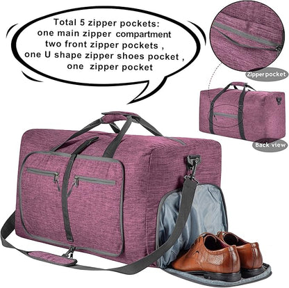 Vomgomfom 65L/85L/115L Foldable Travel Duffle Bag, Lightweight Checked Luggage with Shoe Compartment, Water-Resistant Weekender Overnight Bag for Men & Women