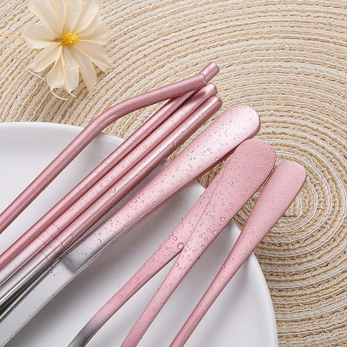 Travel Utensils,Reusable Silverware Set To Go Portable Cutlery Set with a Waterproof Carrying Case for Lunch Boxes Workplace Camping Picnic (GraPink)