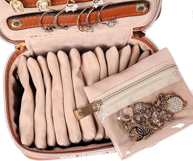 Angelina's Palace Jewelry Organizer Case Bridesmaid Gifts Travel Bag Vegan Leather Box for Necklace Earring Bracelet Ring(bran)