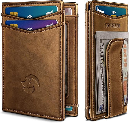 Magnetic Closure Slim Wallet for Men with Money Clip Gift Boxed,Genuine Leather Front Pocket Wallet, 3.9"x 2.7", RFID Blocking