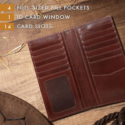 ELIZO Men's Genuine Leather Long Wallet - RFID Blocking Rodeo Checkbook Wallet | Slim Western Bifold Wallet with 16 Card Slots, ID Window | Top Grain Leather Cowboy Wallet