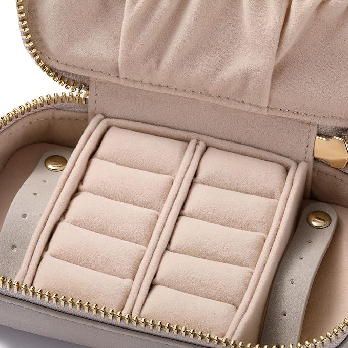 HISCOW Vegan Leather Travel Jewelry Case with Zipper - Portable Necklace & Earring Holder Organizer for Women Girls, Velvet-Lined Ring Box with Anti-Tarnish Design, Stone
