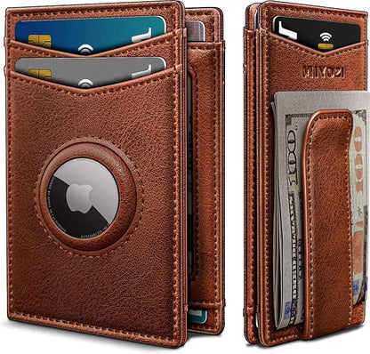 Airtag Wallet for Men- with Money Clip Gift Boxed, Magnetic Closure Slim Genuine Leather Front Pocket Wallet, 4.1"x 2.8", RFID Blocking
