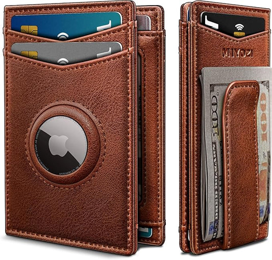 Airtag Wallet for Men- with Money Clip Gift Boxed, Magnetic Closure Slim Genuine Leather Front Pocket Wallet, 4.1"x 2.8", RFID Blocking