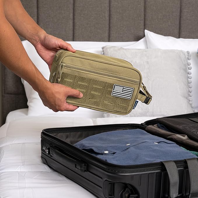 PAVILIA Extra Large Tactical Toiletry Bag for Men, Travel Hygiene Bag, Military Gear Dopp Kit, Molle Accessories Pouch, Shaving Grooming Essentials Gym Bathroom Shower Toiletries Tool EDC, Tan XL