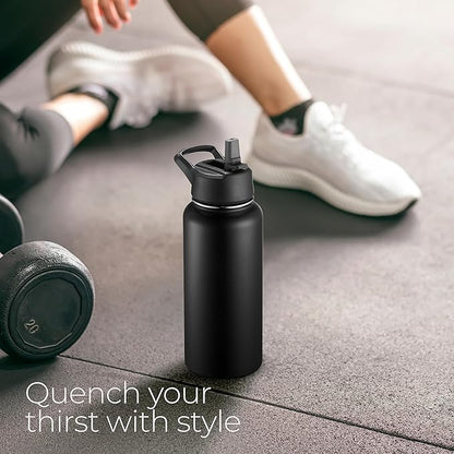 SipX™ Triple-Insulated Stainless Steel Water Bottle 32oz. With 3 Lids, BPA-Free Reusable Insulated Water Bottle Keeps Cold 24 Hours, Metal Water Bottle Made Of Sustainable Material For Hiking & Biking