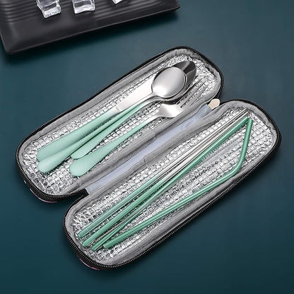 Travel Utensils,Reusable Silverware Set To Go Portable Cutlery Set with a Waterproof Carrying Case for Lunch Boxes Workplace Camping Picnic (GraGreen)