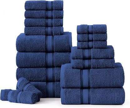 LANE LINEN 100% Mercerized Cotton Bath Towel Set of 18 – Zero Twist Shower Towels, 6 Bath, 6 Hand Towel & 6 Washcloths, Quick-Dry, Luxuriously Soft & Durable, Perfect for Everyday use – Navy