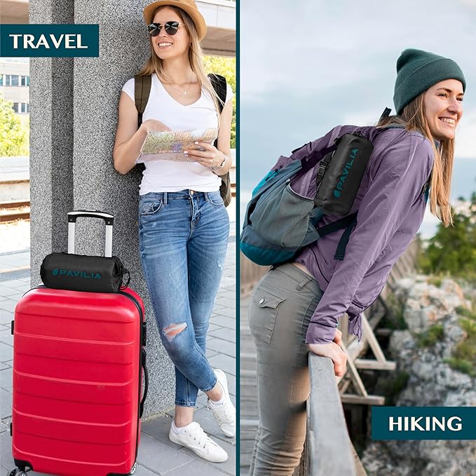 PAVILIA Travel Blanket Airplane Compact with Bag, Soft Packable Plane Blanket Kids Adults, Portable Camping Flight Essentials, Travelers Gifts Accessories, Luggage Backpack Strap, 65x40 Black