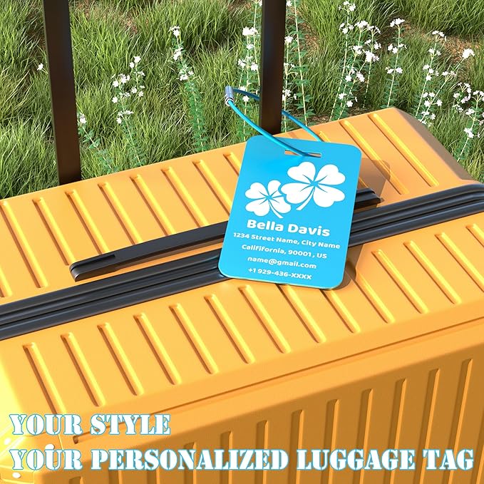 4 Pack Personalized Luggage Tags for Suitcases, Custom Aluminum Luggage Tags for Bags and Backpacks, Waterproof & Heavy Duty Personalized Metal Name Tags for Travel (Lake Blue)