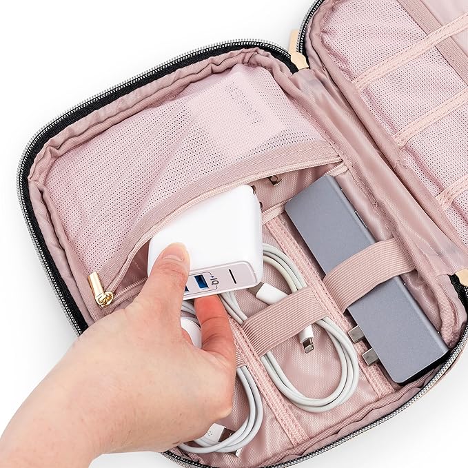 Pavilia Tech Organizer Case - Cable & Charger Storage, Travel Accessories - Pink Quilt