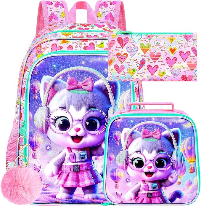 WZLVO 3PCS Kids Backpack for Girls, Unicorn Dinosaur Animal Prechool Elementary Kindergarten School Bookbag with Lunch Box