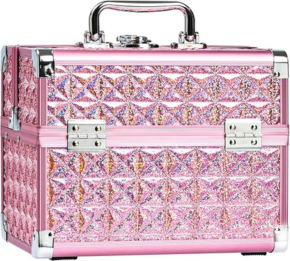 Makeup Case Organizer,Makeup Train Case, Trays Cosmetic Box Portable, Profesional for Salon Barber,Pink