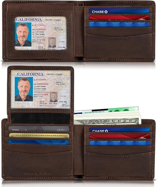 SERMAN BRANDS 2 ID Window Wallet for Men RFID Blocking Leather, Bifold Top Flip, Extra Capacity Travel Wallet