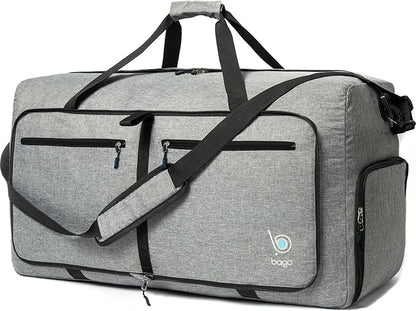 Bago Large Foldable Duffel Bags for Traveling Women & Men - 80L Packable Duffle Bag for Travel with Shoe Compartment - Water Repellant, Heavy Duty, Lightweight Folding & Collapsible (SnowGray)