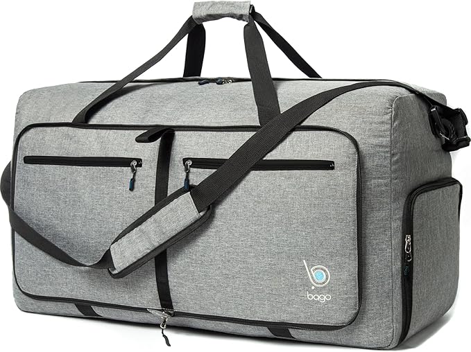 Bago Foldable Duffel Bags for Traveling Women & Men - 60L Medium Packable Duffle Bag for Travel with Shoe Compartment - Water Repellant, Heavy Duty, Lightweight Folding & Collapsible (SnowGray)