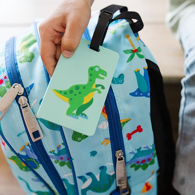 Wildkin Kids Luggage Tags – Set of 2, Durable Bag Tags w/Info Card for Suitcases & Backpacks - Dinosaur