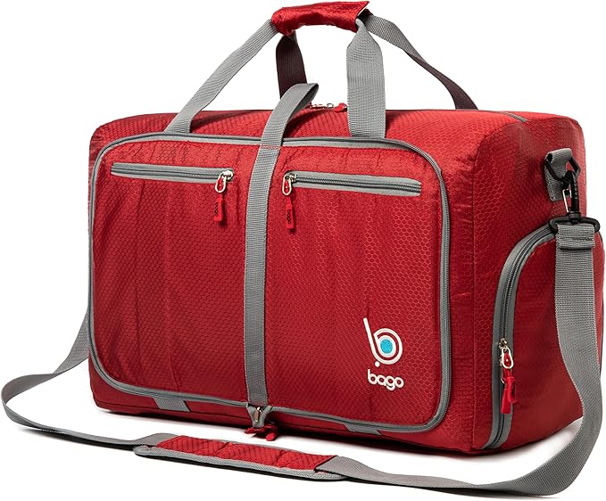 Bago Foldable Duffel Bags for Traveling Women & Men - 40L Sports Packable Duffle Bag for Travel with Shoe Compartment - Water Repellant, Heavy Duty, Lightweight Folding & Collapsible (Red)