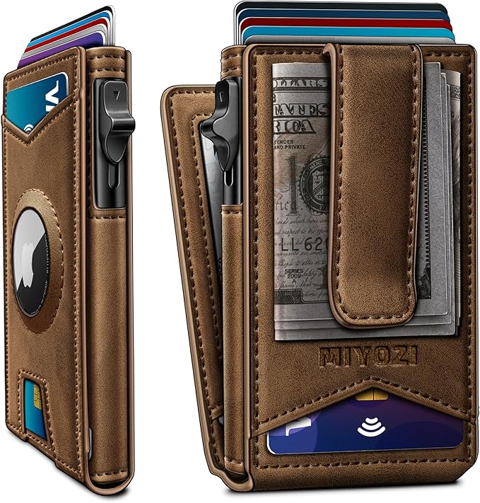 Airtag Wallet for Men,with Money Clip Gift Boxed,Slim Front Pocket Wallet RFID Blocking Metal Case Smart Pop-up Credit Card Holder in Magnetic Leather Flip