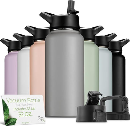 SipX™ Triple-Insulated Stainless Steel Water Bottle 32oz. With 3 Lids, BPA-Free Reusable Insulated Water Bottle Keeps Cold 24 Hours, Metal Water Bottle Made Of Sustainable Material For Hiking & Biking