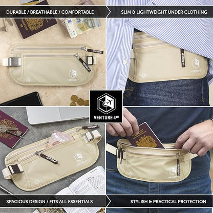 VENTURE 4TH Slim Minimalist Design RFID Money Belt with RFID Blocking Sleeves, for Men and Women – Ideal for Keeping Your Cash, Credit Card, Passport, Phone Secure When Traveling - Beige
