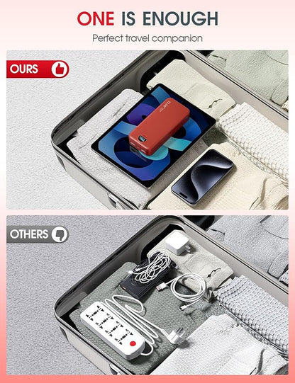 Portable Charger Power Bank, 20000mAh 22.5W USB C Fast Charging with Built-in Cable & Wall Plug, External Battery Pack with LED Display, Travel Essential for iPhone, iPad, Samsung Red