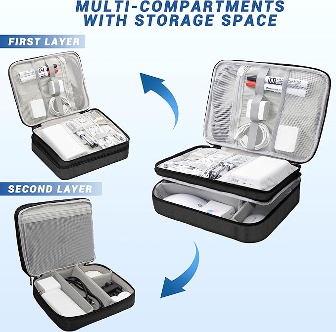 Electronics Organizer,Travel Cord Organizer Pouch, Portable Cable Organizer Bags, Waterproof Electronic Accessories Storage Case for Cables, Cords, Charger, Phone (Three Layer-Black)