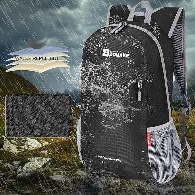 ZOMAKE Lightweight Packable Backpack 20L, Foldable Backpacks Small Daypack for Hiking Water Resistant Day Bag for Travel(Black)
