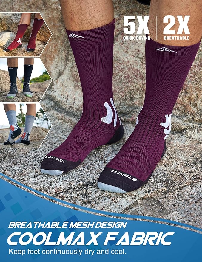 Men's Compression Running Socks: Coolmax Athletic Crew Socks Moisture Wicking Anti-Blister Cushion for Hiking 3 Pairs