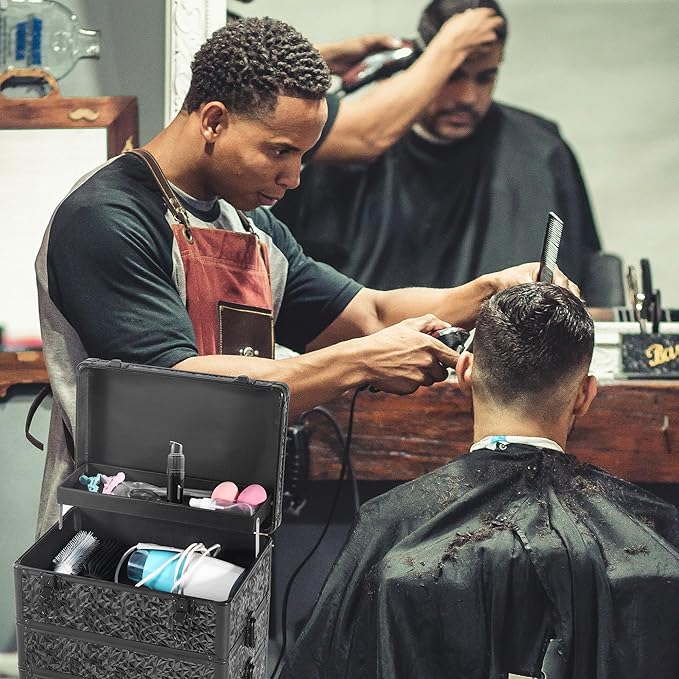 Rolling Makeup Case with Large Drawer, Makeup Train Case with Tray, Cosmetology Case on Wheels, Travel Makeup Case Organizers, Professional for Salon Barber, Nail, Tattoo, Black