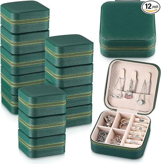 Yinkin 12 Pcs Mini Travel Jewelry Case Bridesmaid Proposal Gift Boxes, Small PU Leather Earring Organizer, Bulk Travel Accessories Portable Jewelry Holder(Green)
