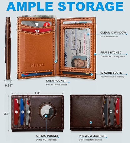 Airtag Slim Leather Wallet for Men - 12-Card Capacity, Magnetic Closure, Money Clip & Simplified Bill Compartment, RFID Blocking (4.3" x 3.0") | Gift Boxed