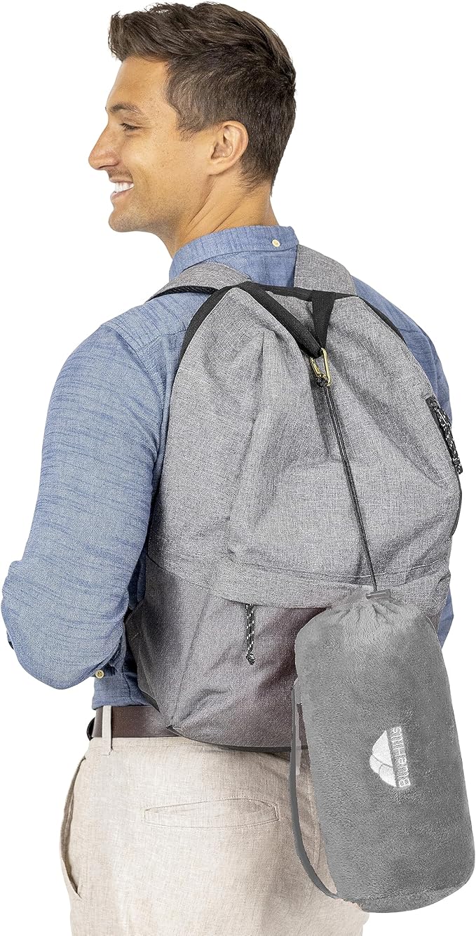 BlueHills Travel Blanket Pillow Rolled Premium Soft Plush Airplane Throw Traveling Essentials Compact in a Bag 70 X 48 inches for Long Plane Flight Portable Lightweight Grey Gray R01