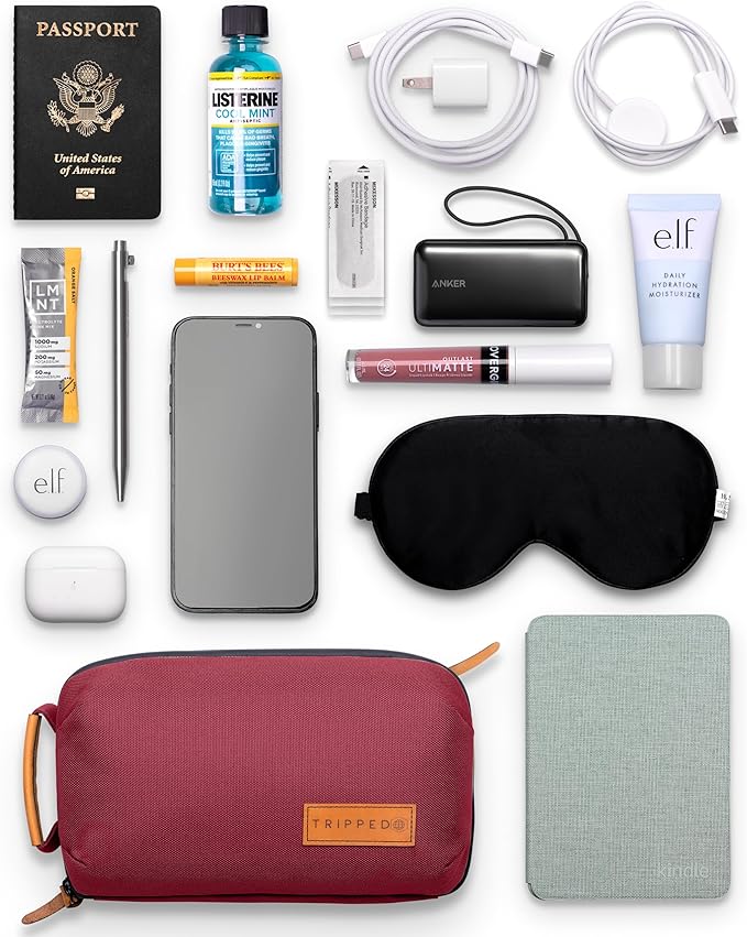 Tech Bag Organizer - Small Electronics Organizer Pouch for Travel - Premium Travel Case with Leather Accents - Mesh Pocket for Cables, Cords and Chargers (Red)