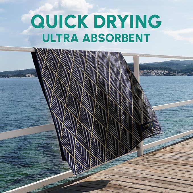 SUN'Y Waffle Microfiber Beach Towel – Sand Free, Quick Dry, Ultra Absorbent, Lightweight & Compact Travel Towel with Carry Bag - Large (63” x 31.5”), Newport