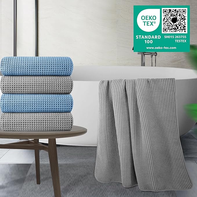 POLYTE Microfiber Oversize Quick Dry Lint Free Bath Towel, 60 x 30 in, 4 Pack (Waffle Weave)