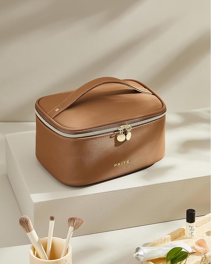 Prite Makeup Bag Portable Cosmetic Organizer with Brush Holder Waterproof Travel Toiletry Bag for Women with Handle and Divider (Brown)