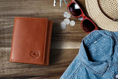 Stealth Mode Leather Trifold RFID Wallet For Men With Flip Out ID Holder (Light Brown)