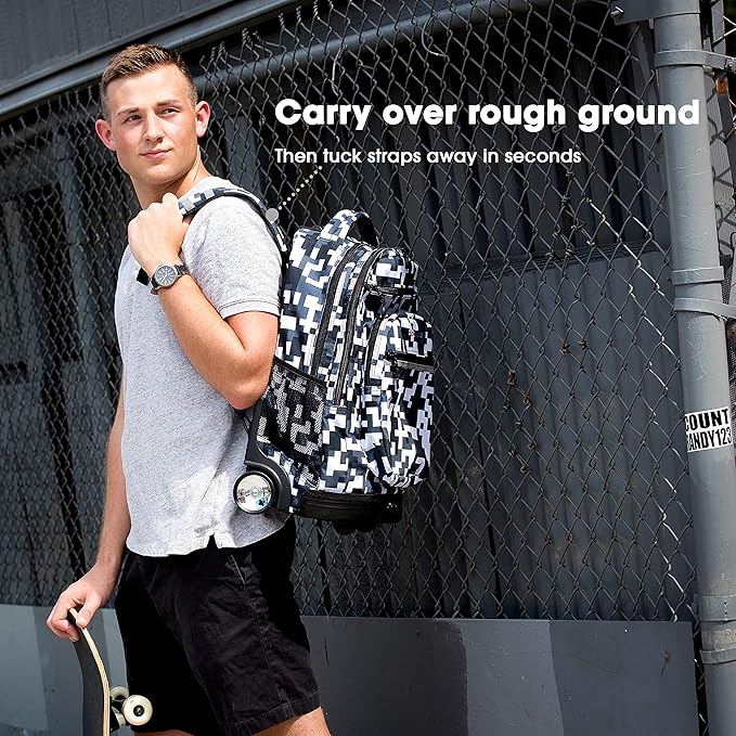 J World Sundance Laptop Rolling Backpack for Girls Boys. Roller Bookbag with Wheels, Trinket